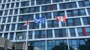 Friedensflagge erstmals vor dem Rathaus in Neubrandenburg gehisst